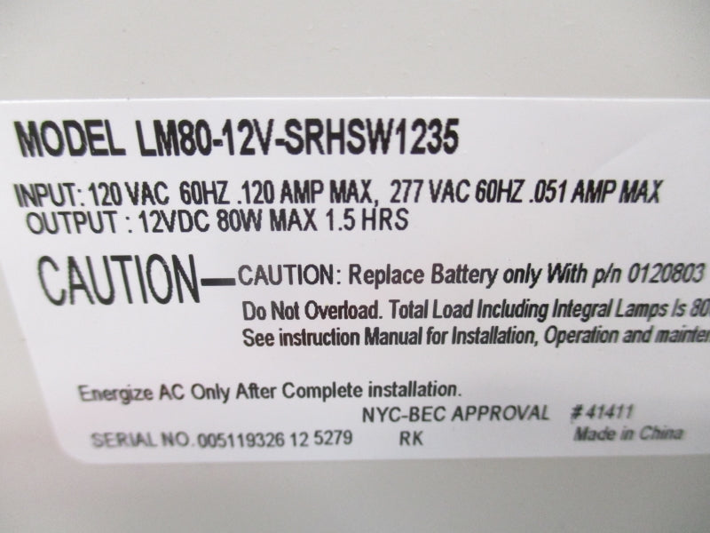 DUAL LITE LM80-12V-SRHSW1235 120VAC 120A UNMP