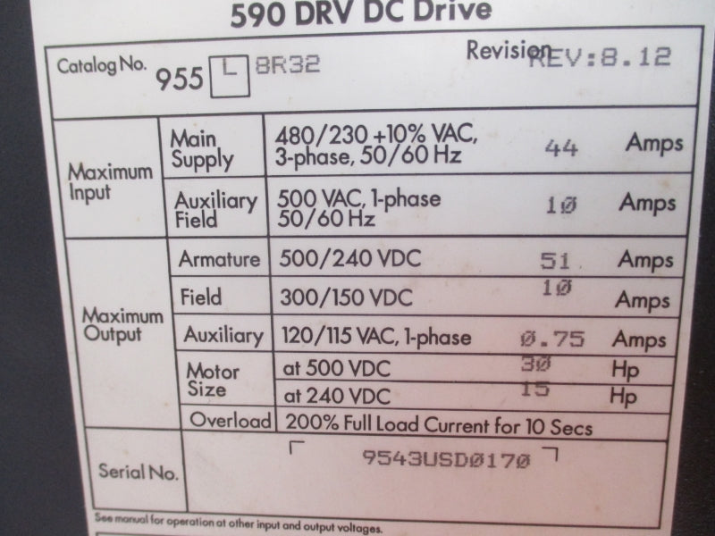 EUROTHERM 955L8R32 480/230V 44A (AS PICTURED) UNMP