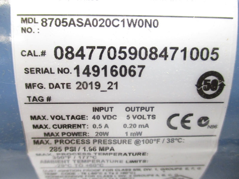 ROSEMOUNT 8705ASA020C1W0N0 40VDC 0.5A 285PSI NSMP