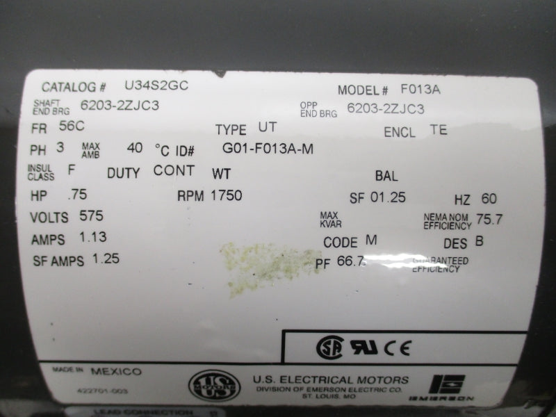 US MOTORS U34S2GC F013A 575V 1.13A NSMP