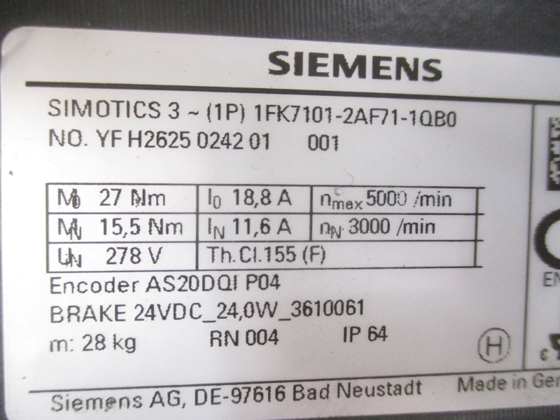 SIEMENS 1FK7101-2AF71-1QB0 278V 18.8A NSNP
