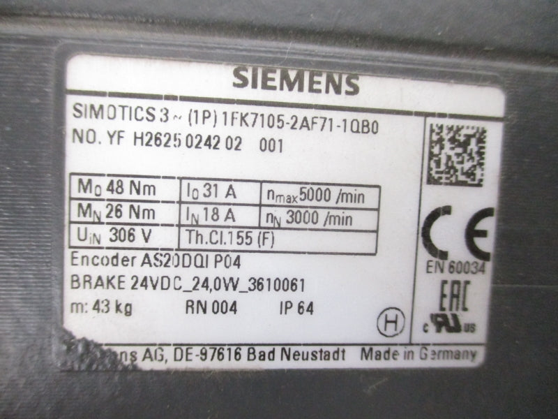 SIEMENS 1FK7105-2AF71-1QB0 306V 31A NSNP