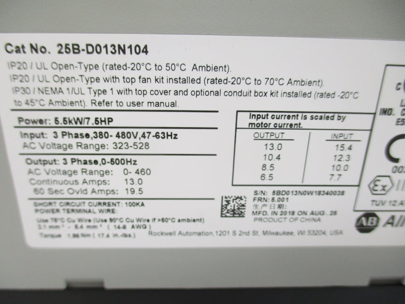 ALLEN BRADLEY 25B-D013N104 SER. A F/W 5.001 323-528V 15.4A NSMP