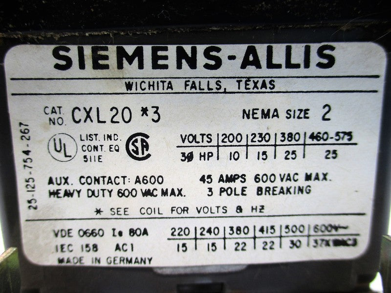 SIEMENS-ALLIS CXL20*3 45A 600VAC NSNP