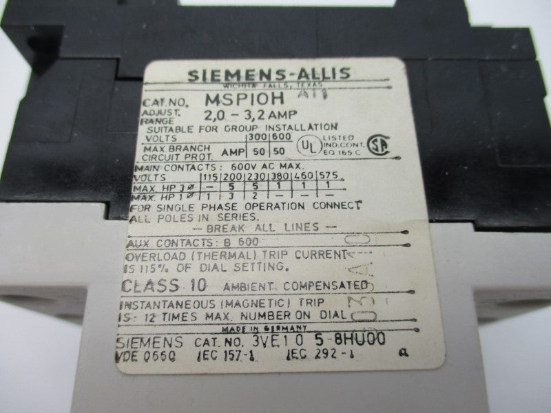 SIEMENS MSP10HA11 600VAC 2.0-3.2A NSNP