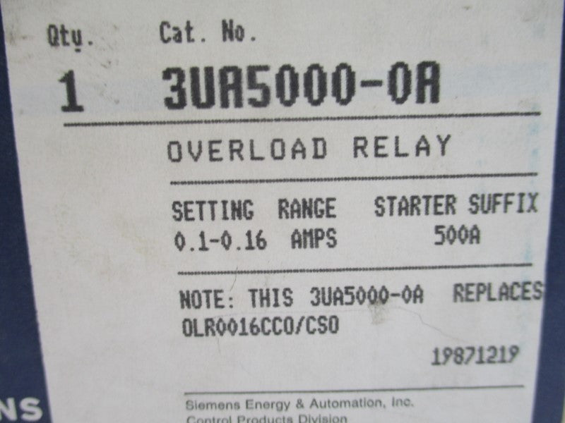 SIEMENS 3UA5000-0A 600VAC 0.1-.16A NSMP