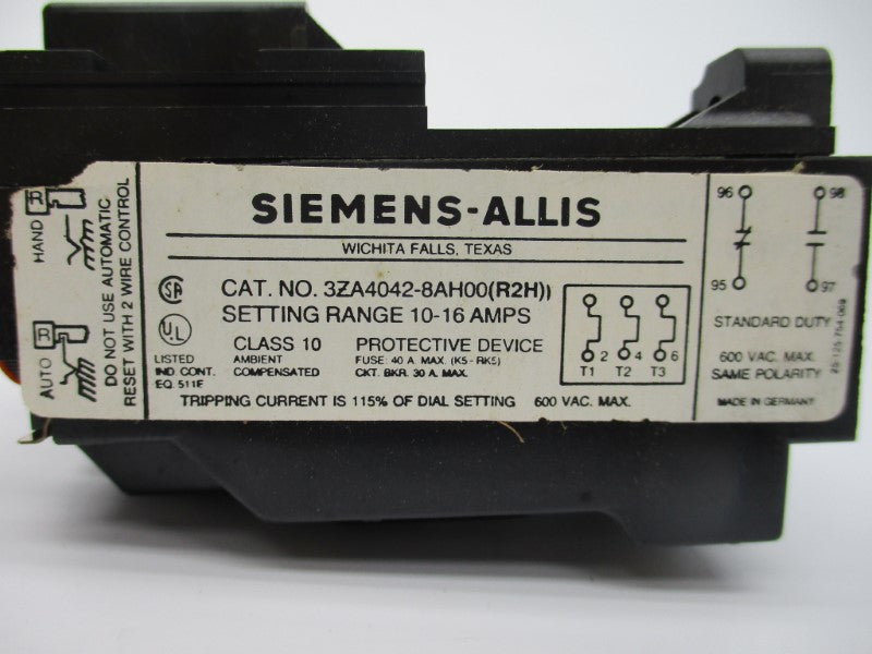 SIEMENS 3ZA4042-8AH00(R2H) 10-16A 600VAC NSNP