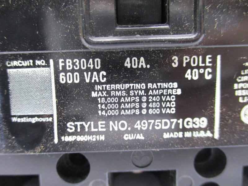 WESTINGHOUSE FB3040 40A 600VAC NSMP