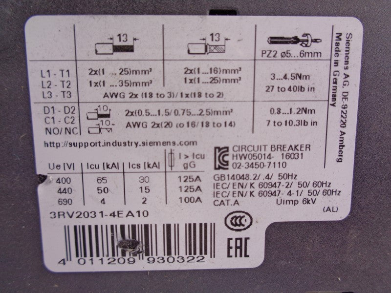 SIEMENS 3RV2031-4EA10 (AS PICTURED) 22-32A 600V NSNP