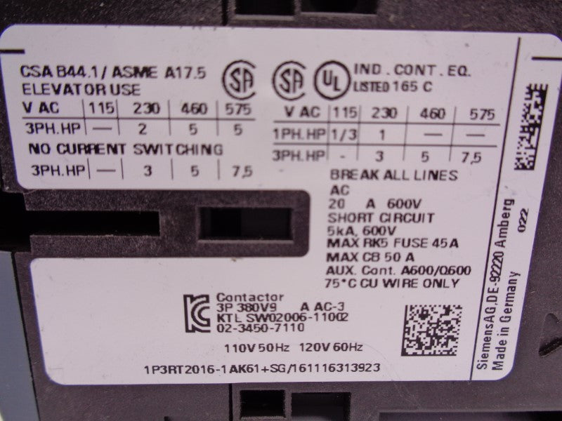 SIEMENS 3RT2016-1AK61 110/120V 20A NSNP