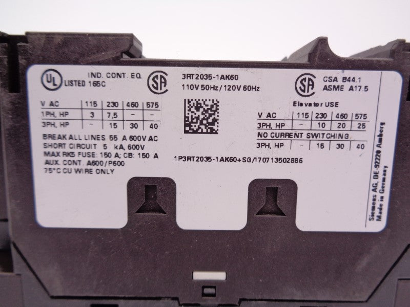 SIEMENS 3RT2035-1AK60 110/120V NSNP