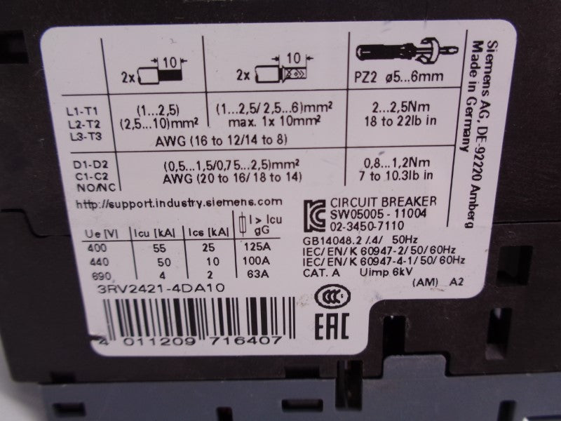 SIEMENS 3RV2421-4DA10 18-25A 480V NSNP