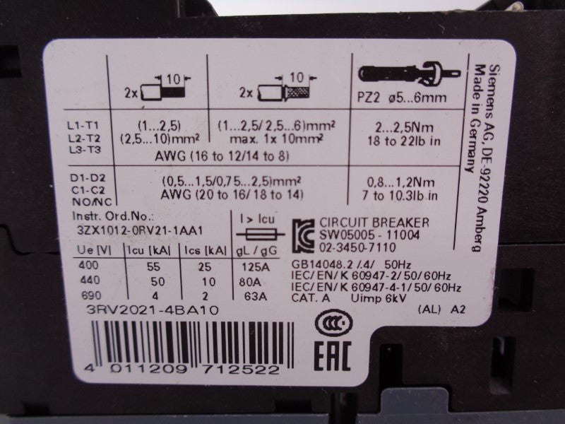 SIEMENS 3RV2021-4BA10 13-20A 480V NSNP