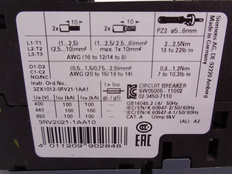 SIEMENS 3RV2021-1AA10 1.1-1.6A 600V NSNP