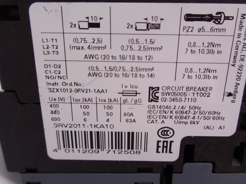 SIEMENS 3RV2011-1KA10 9-12.52A 600V UNMP