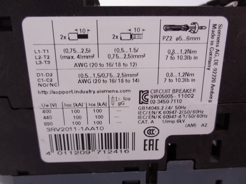 SIEMENS 3RV2011-1AA10 1.1-1.6A 600V NSNP