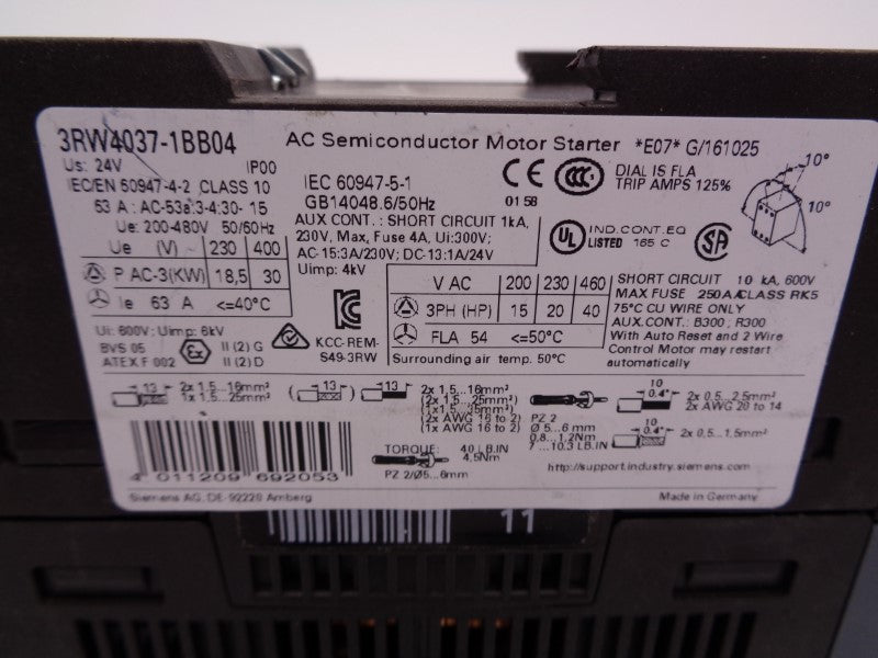 SIEMENS 3RW4037-1BB04 (AS PICTURED) UNMP