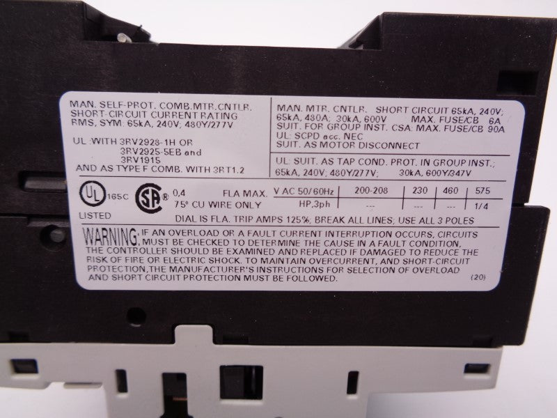 SIEMENS 3RV1021-0EA10 0.28-0.4A 575VAC NSMP