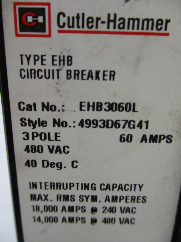 CUTLER HAMMER EHB3060L CIRCUIT BREAKER 60A 480VAC UNMP