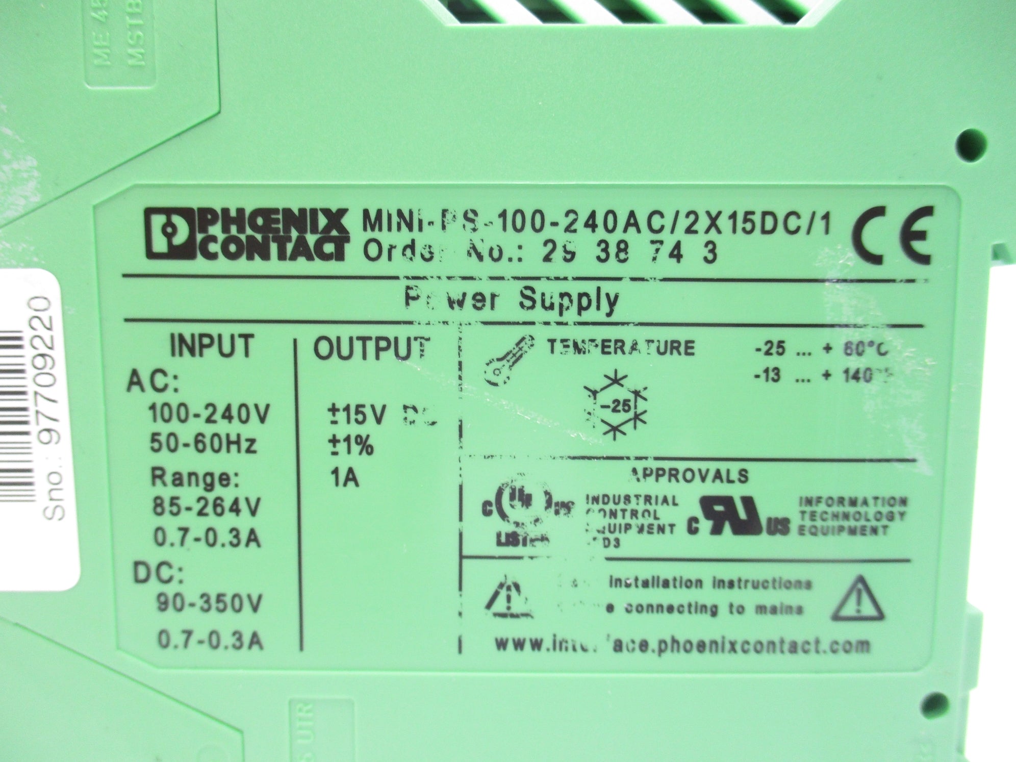PHOENIX CONTACT MINI-PS-100-240AC/2X15DC/1 NSNP