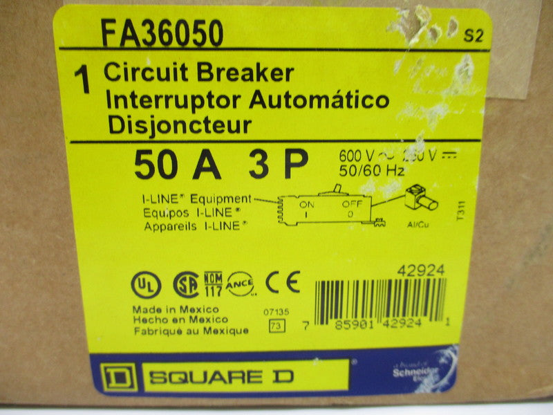 SQUARE D FA36050 CIRCUIT BREAKER 50A 600V 3POLE NSMP