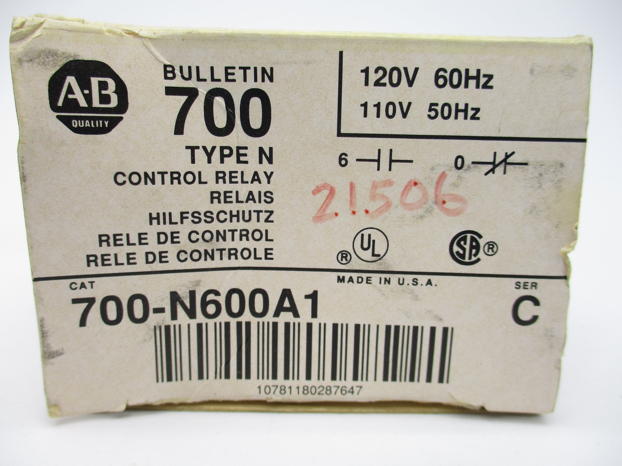 ALLEN BRADLEY 700-N600A1 SER. C 120/110V (WH) NSMP