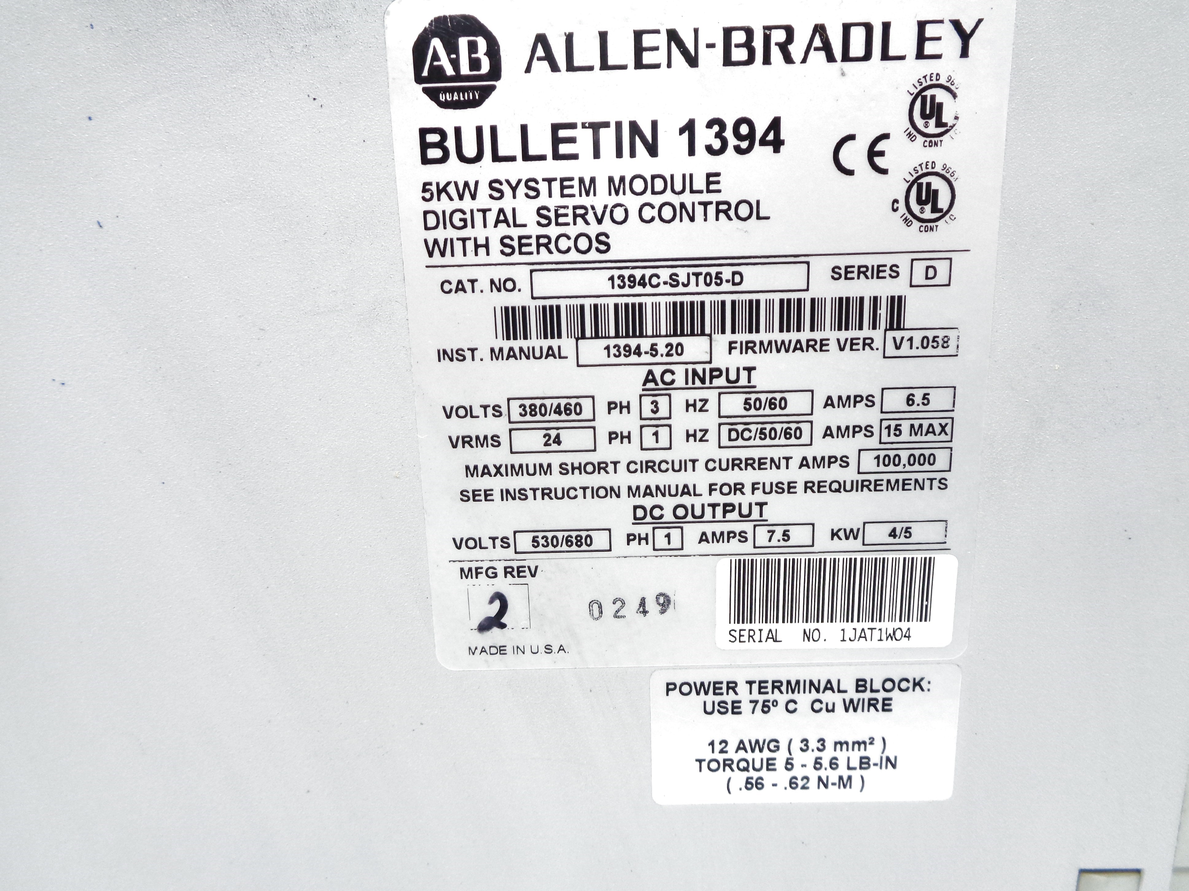 ALLEN BRADLEY 1394C-SJT05-D SER. D F/W V1.058 UNMP