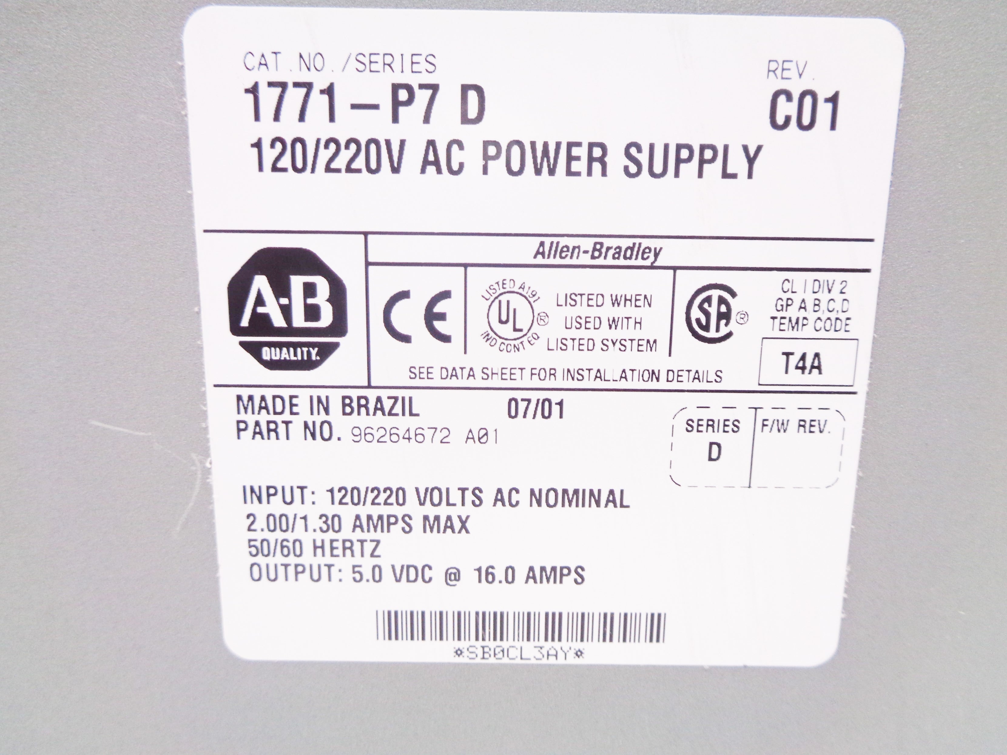 ALLEN BRADLEY 1771-P7 SER. D NSNP