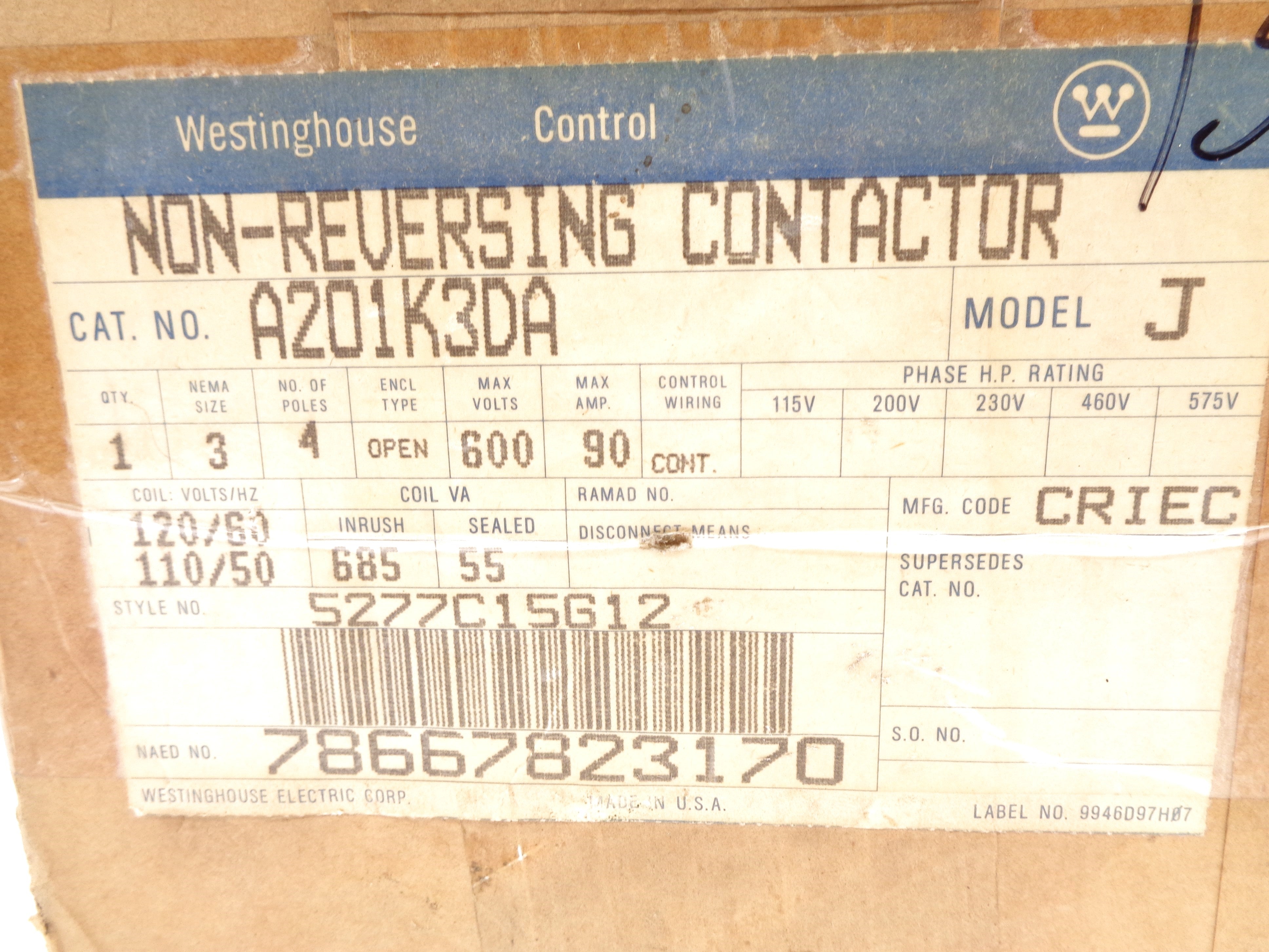WESTINGHOUSE A201K3DA 120V NSMP