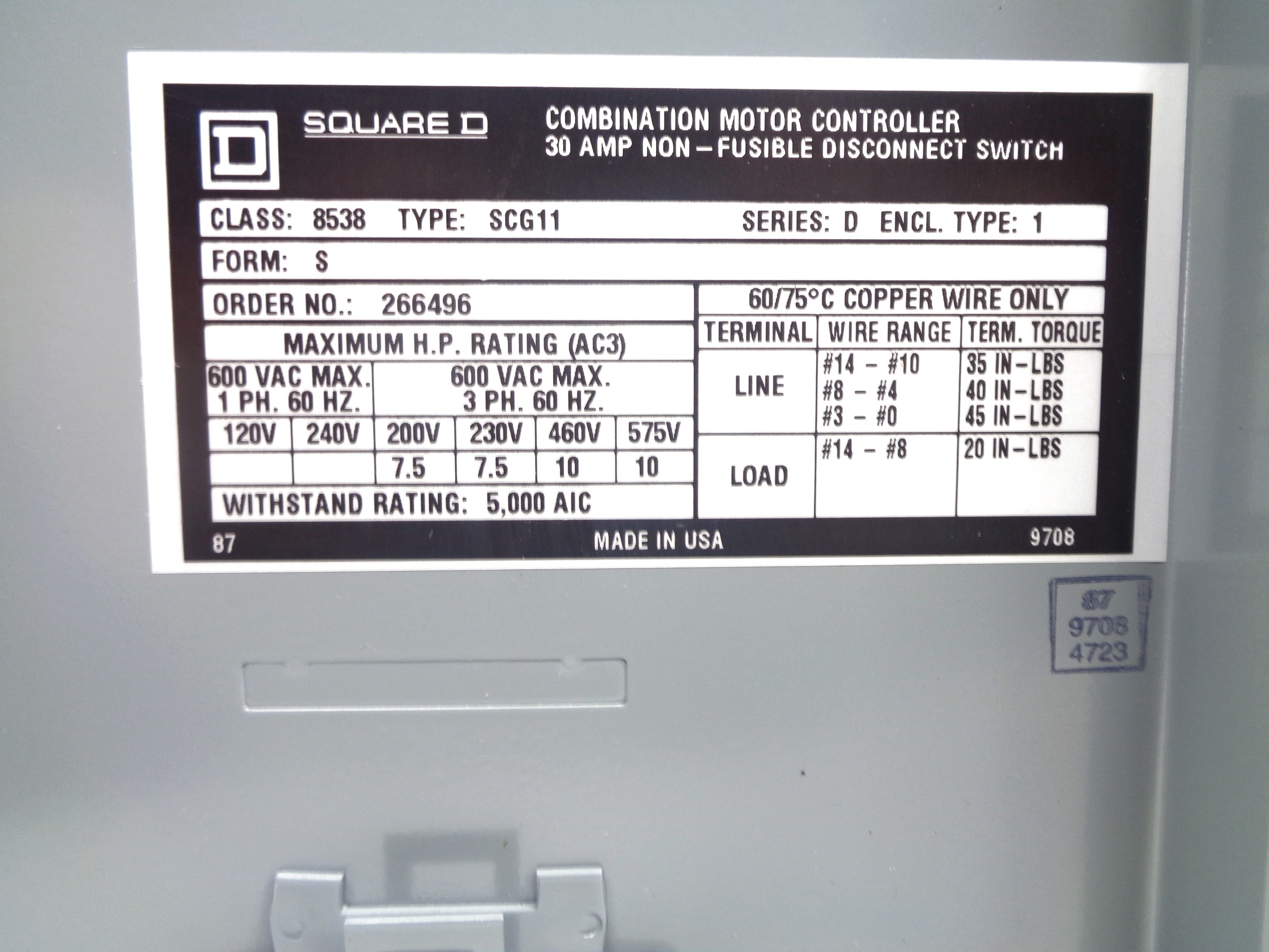 SQUARE D 8538SCG11 SER. D NSNP