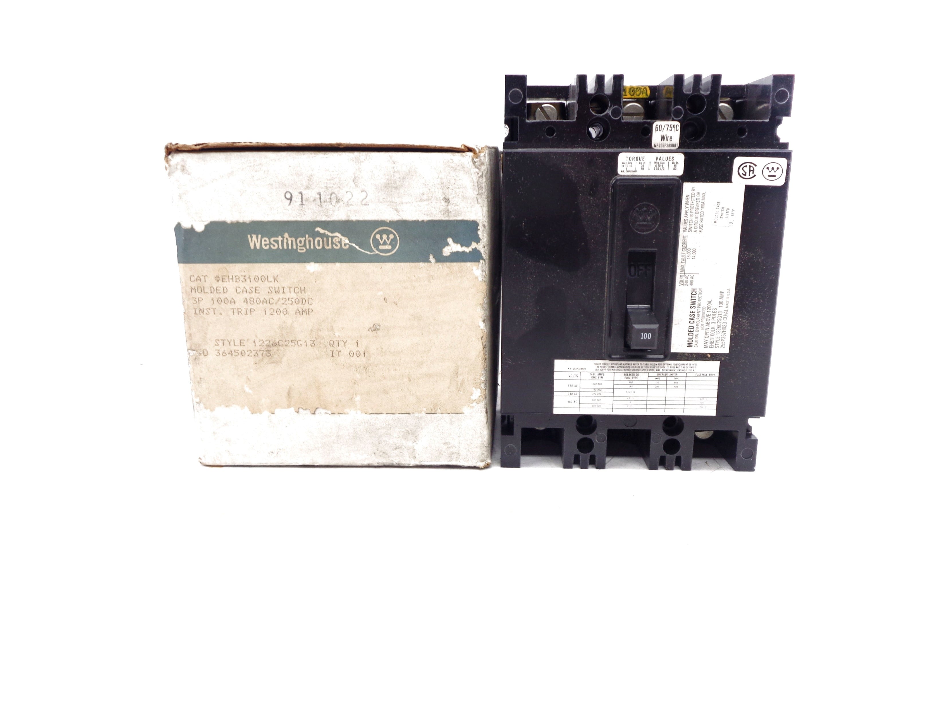 WESTINGHOUSE EHB3100LK 100A 480V NSMP