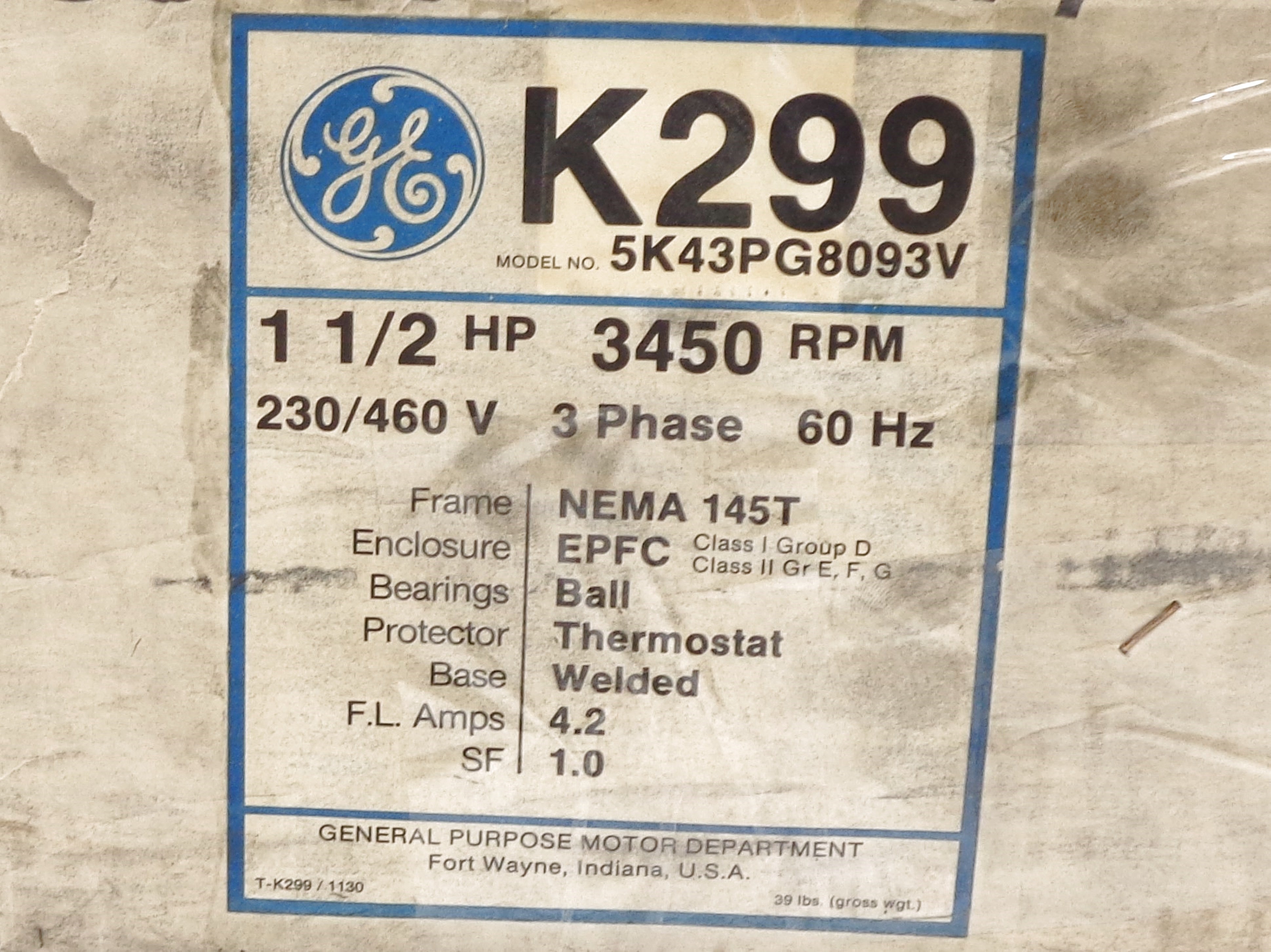GENERAL ELECTRIC 5K43PG8093V NSMP