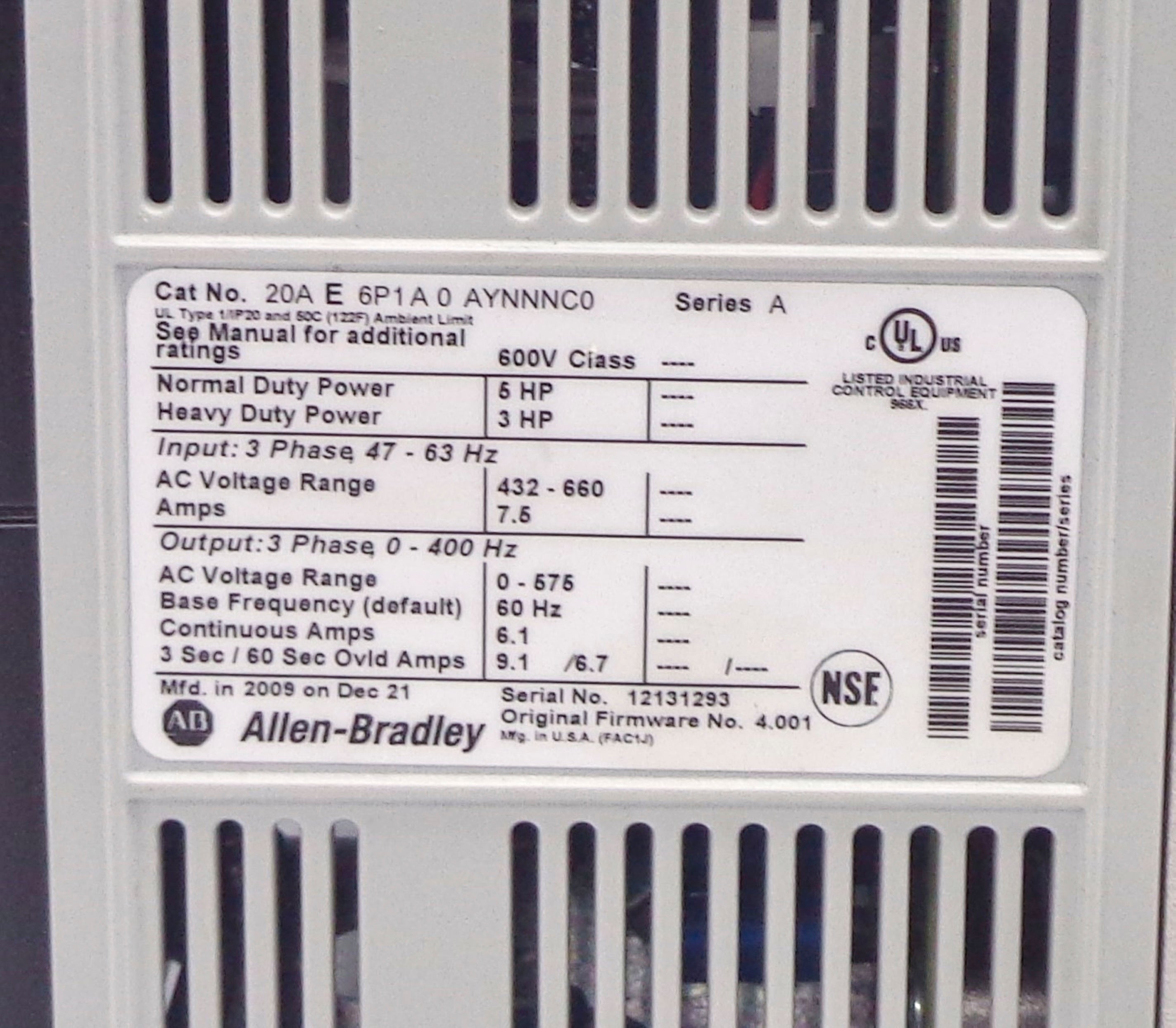 INDUSTRIAL SPARE PART 20AE6P1A0AYNNNC0 SER. A F/W 4.001 UNMP