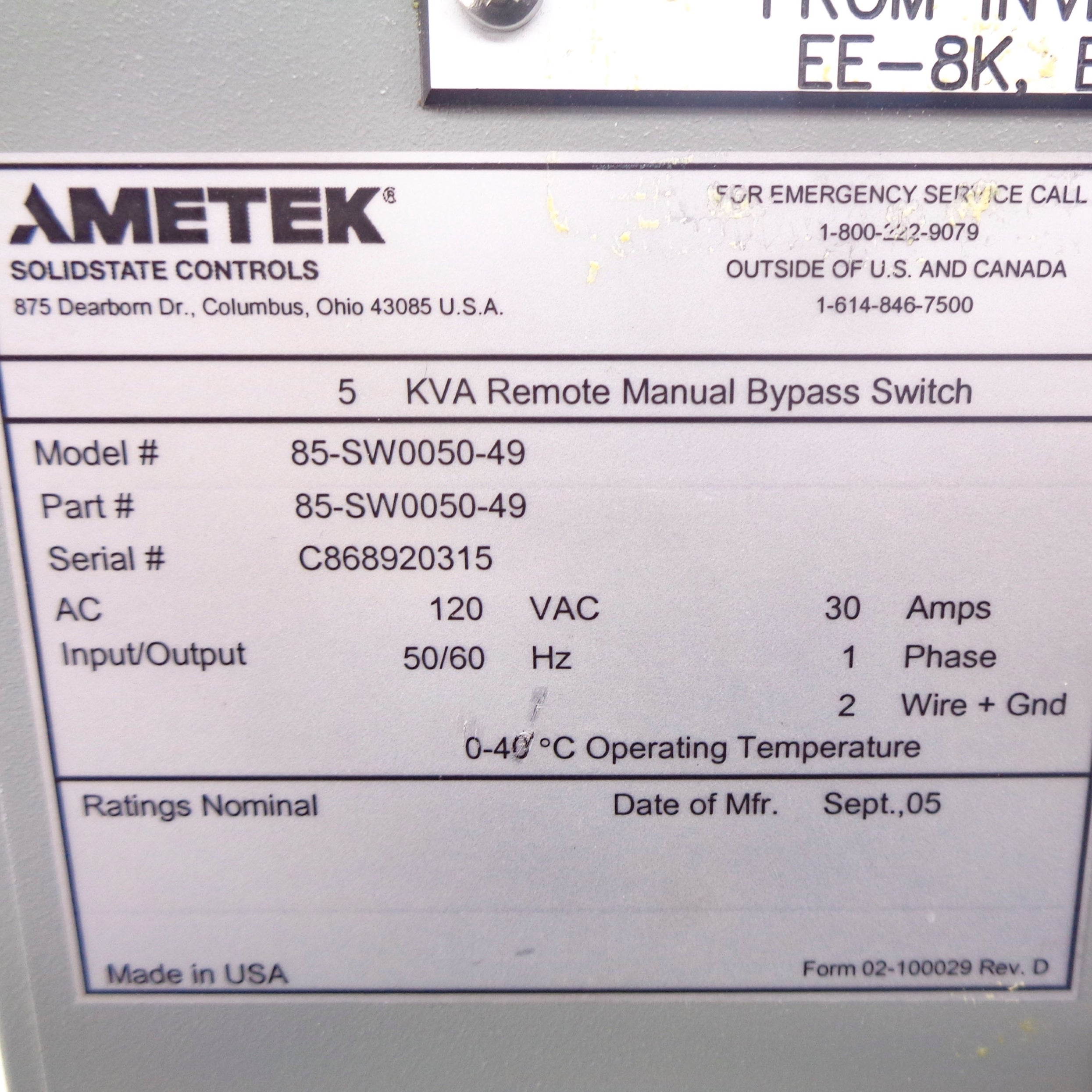 AMETEK 85-SW0050-49 UNMP