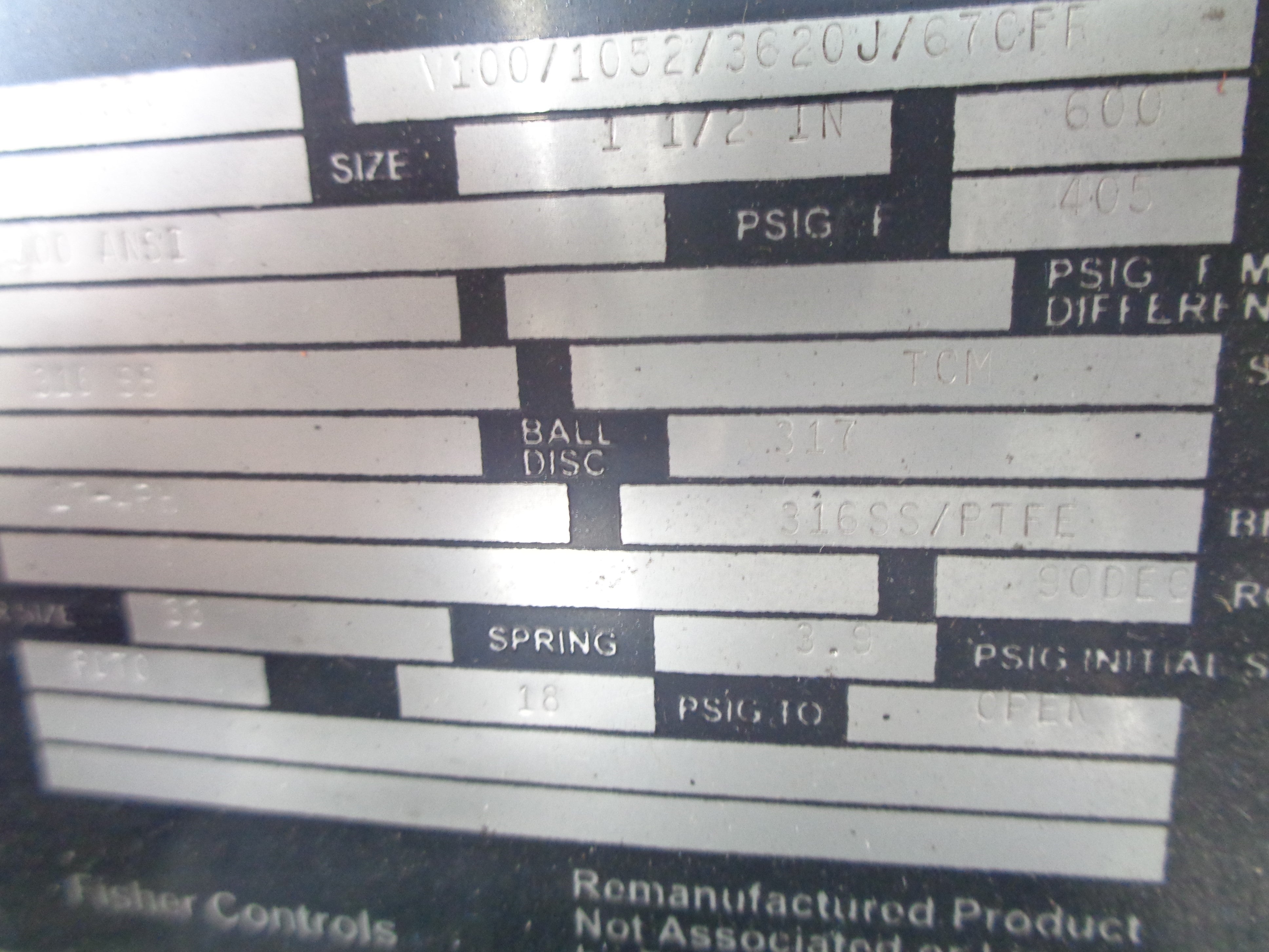 FISHER CONTROLS V100/1052/3620J/67CFF 405PSI REMAN