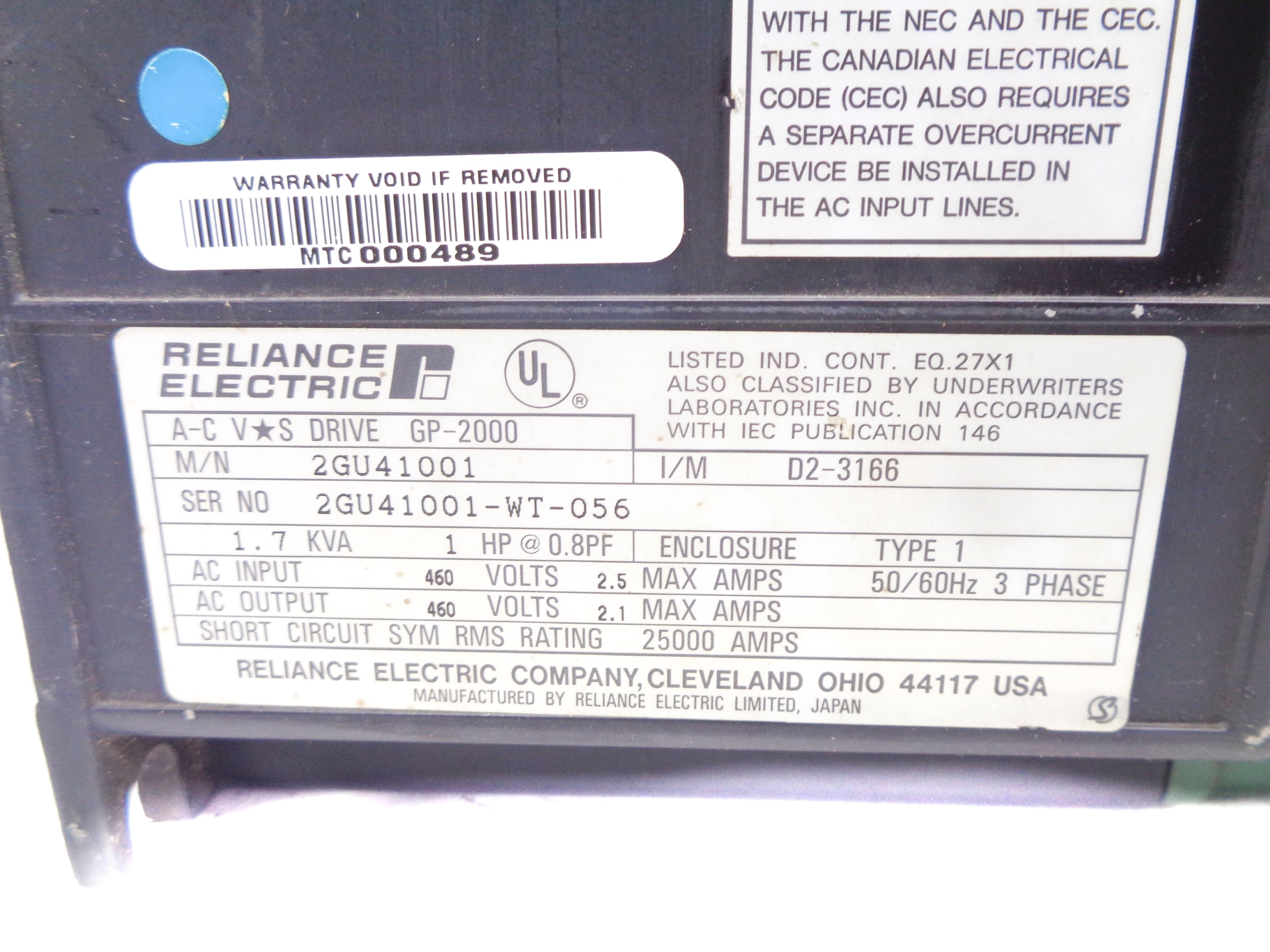 RELIANCE ELECTRIC 2GU41001 UNMP