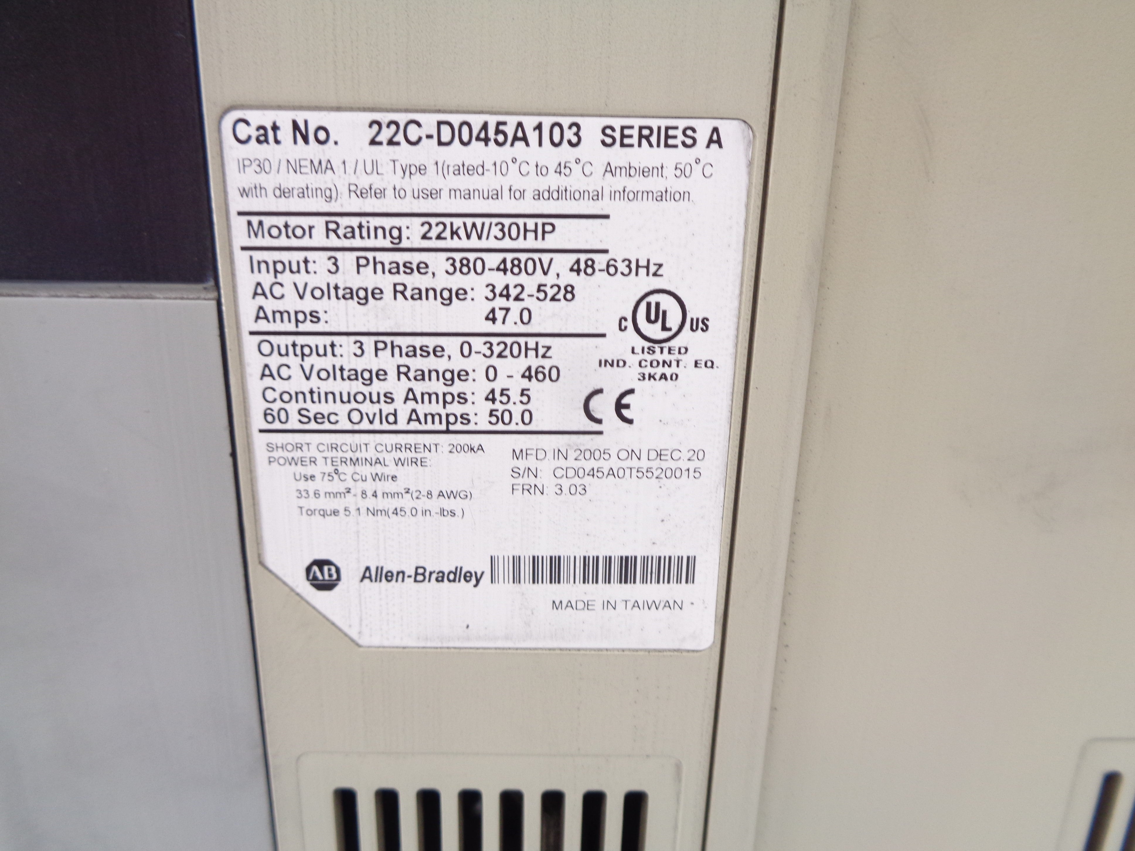 ALLEN BRADLEY 22C-D045A103 SER. A F/W 3.03 UNMP