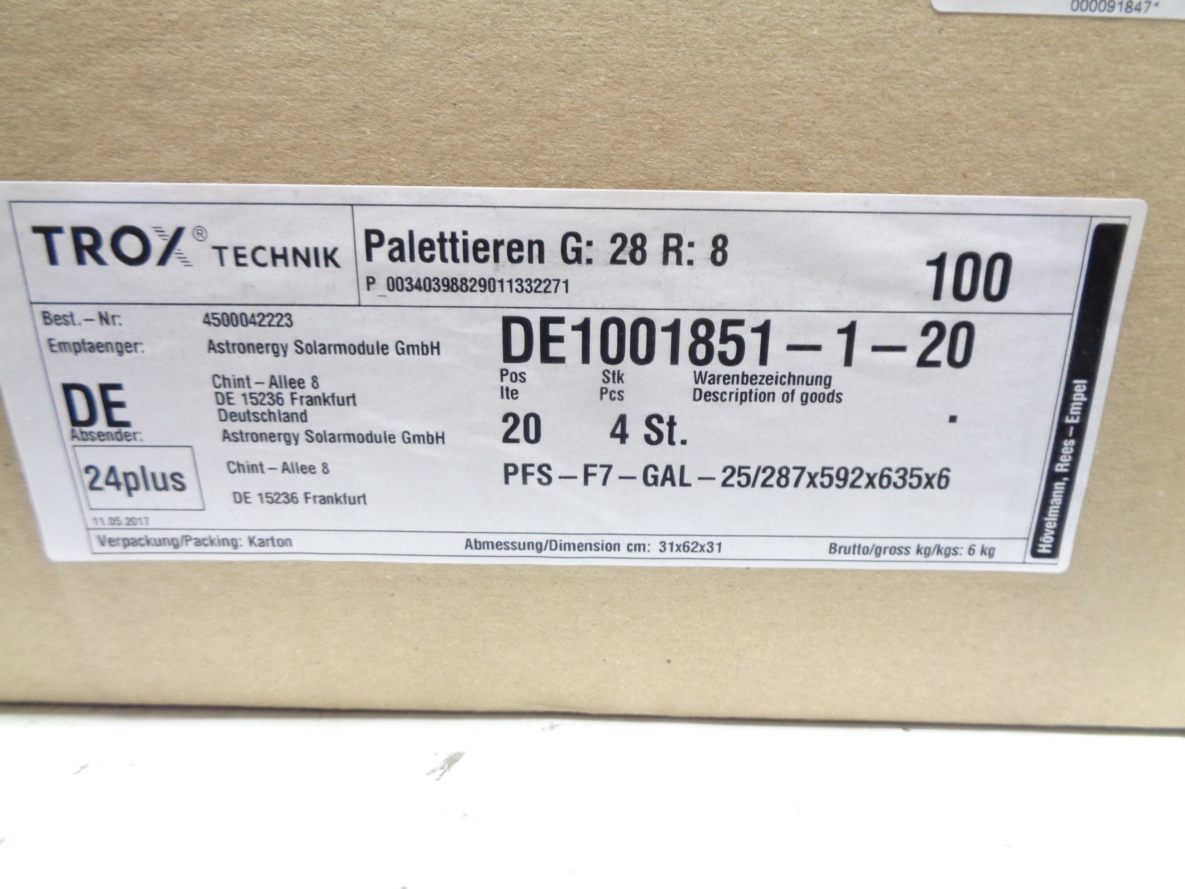 TROX TECHNIK PFS-F7-GAL-25/287X592X635X6 (PKG OF 4) NSMP