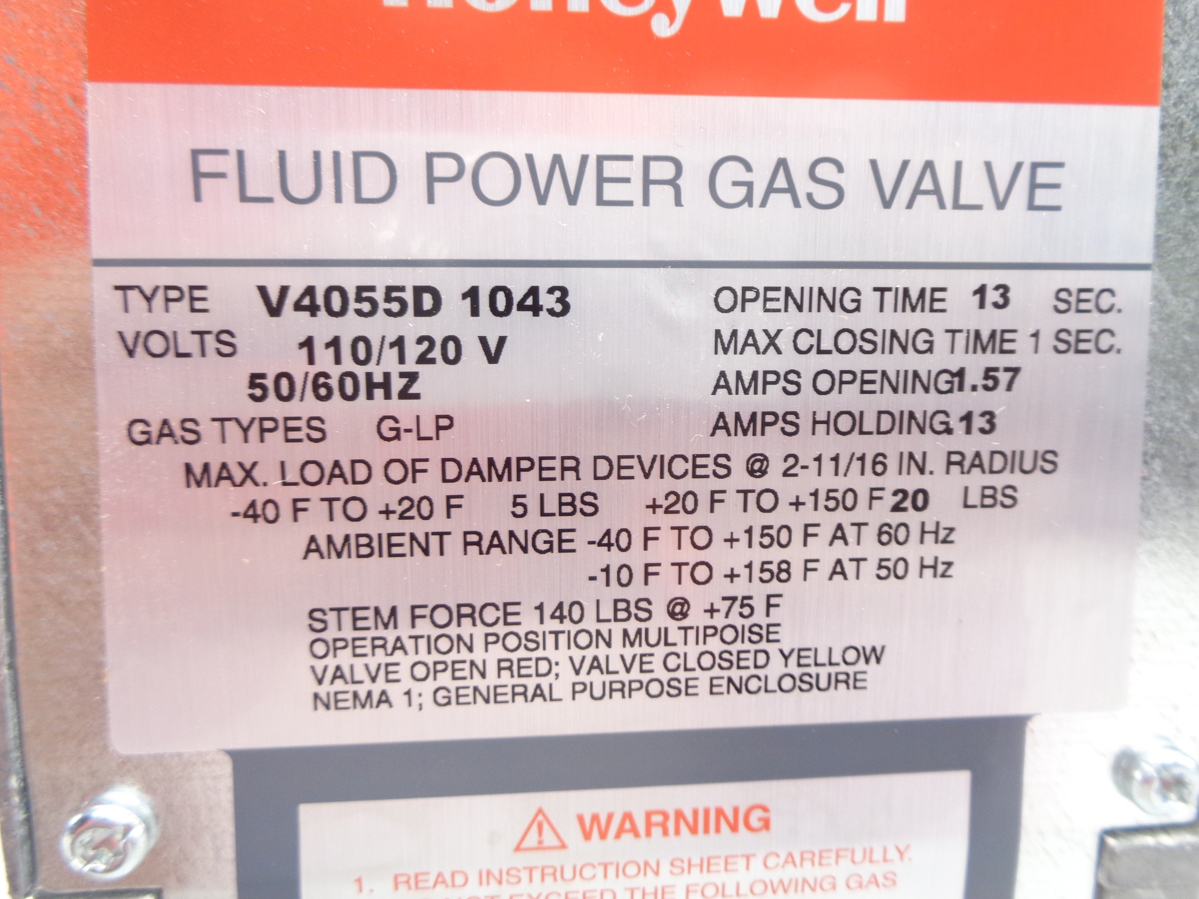 HONEYWELL V4055D1043 120V 75PSI NSNP