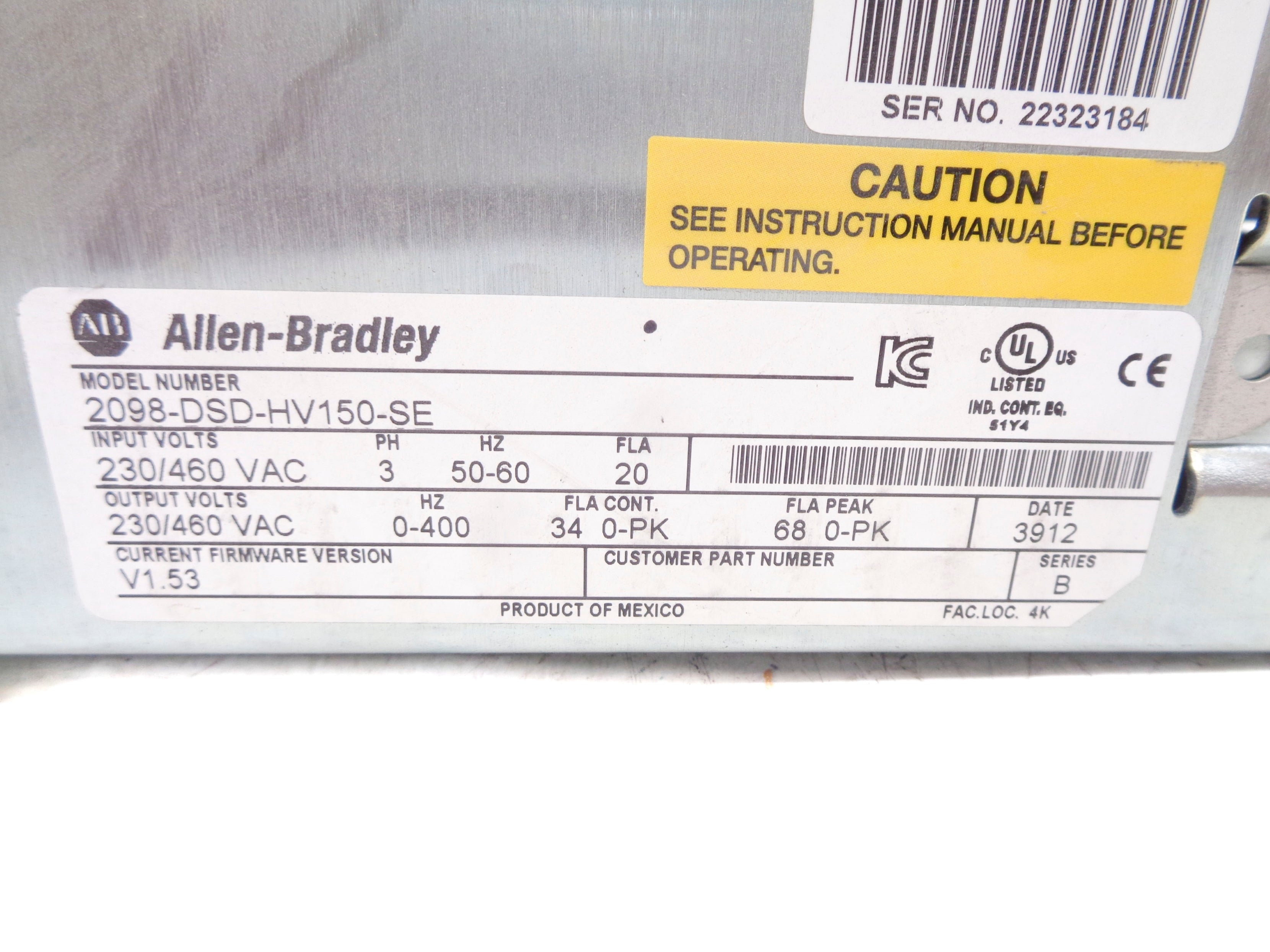 ALLEN BRADLEY 2098-DSD-HV150-SE SER. B F/W V1.53 NSNP
