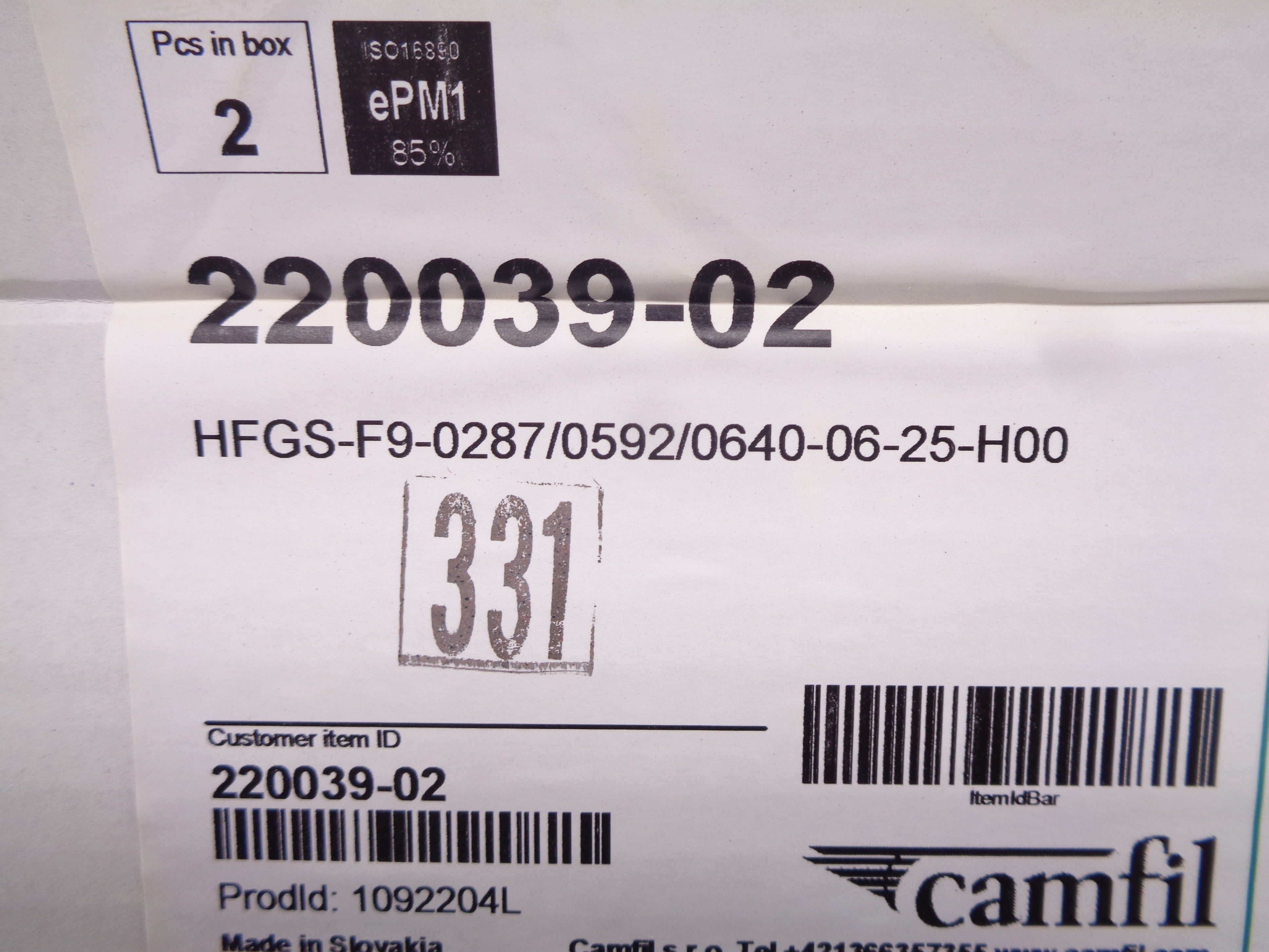 CAMFIL FARR HFGS-F9-0287/0592/0640-06-25-H00 (PKG OF 2) NSMP