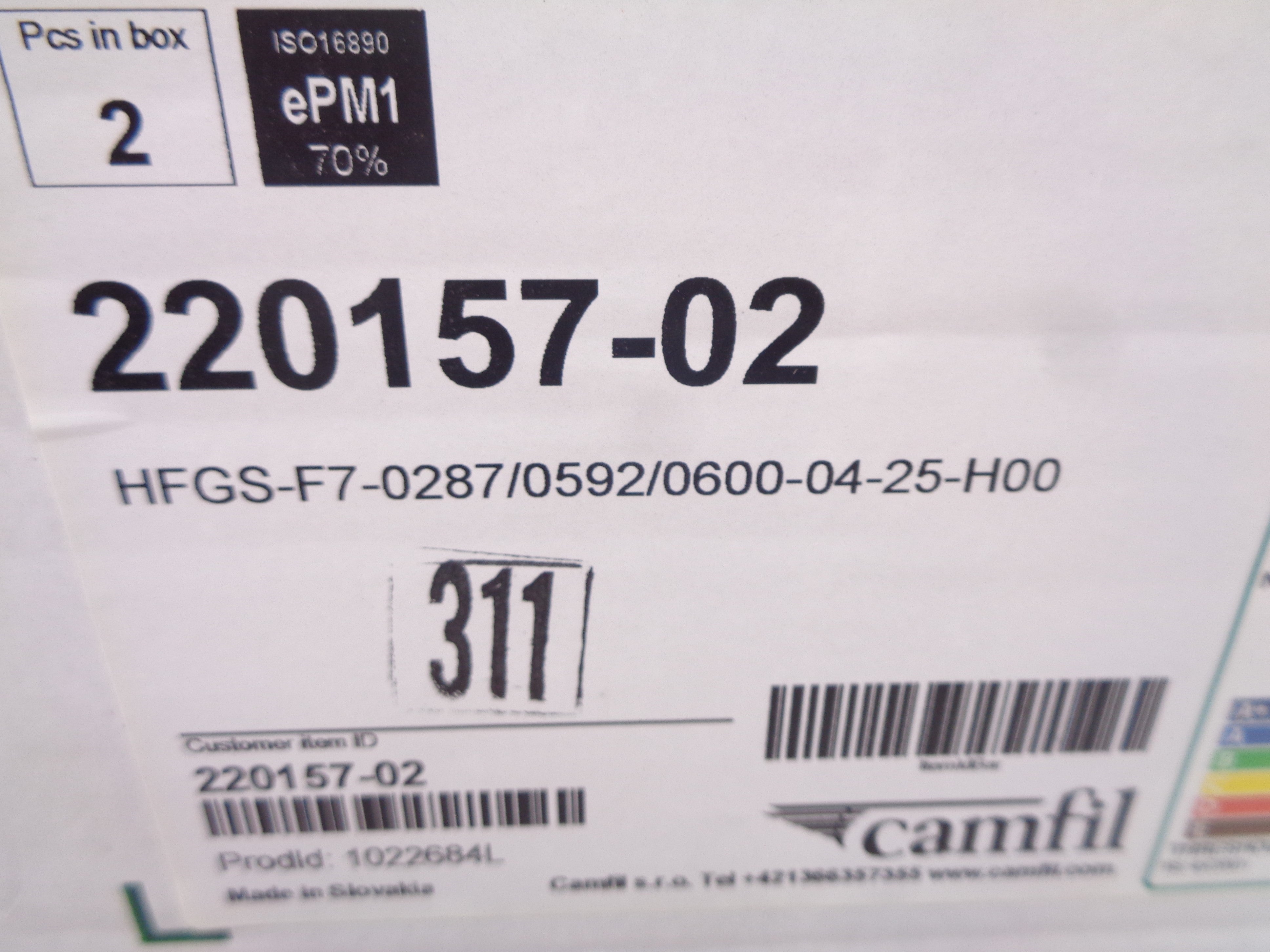 CAMFIL FARR HFGS-F7-0287/0592/0600-04-25-H00 (PKG OF 2) NSMP