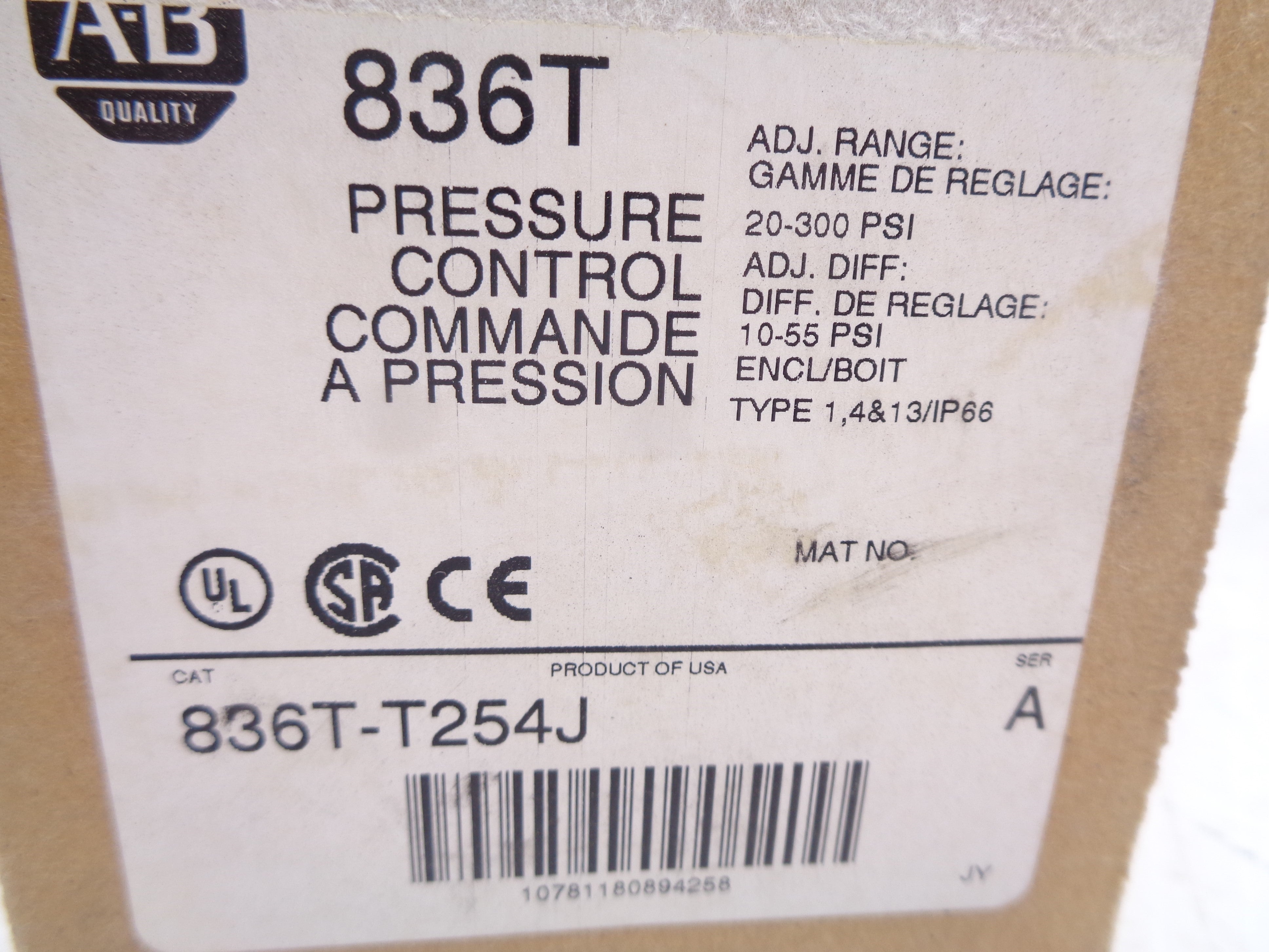 ALLEN BRADLEY 836T-T254J SER. A 20-300PSI (BR/WH) NSMP