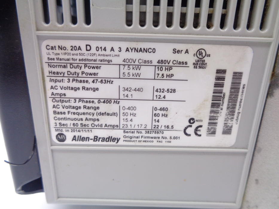 ALLEN BRADLEY 20AD014A3AYNANC0 SER. A F/W 5.001 UNMP