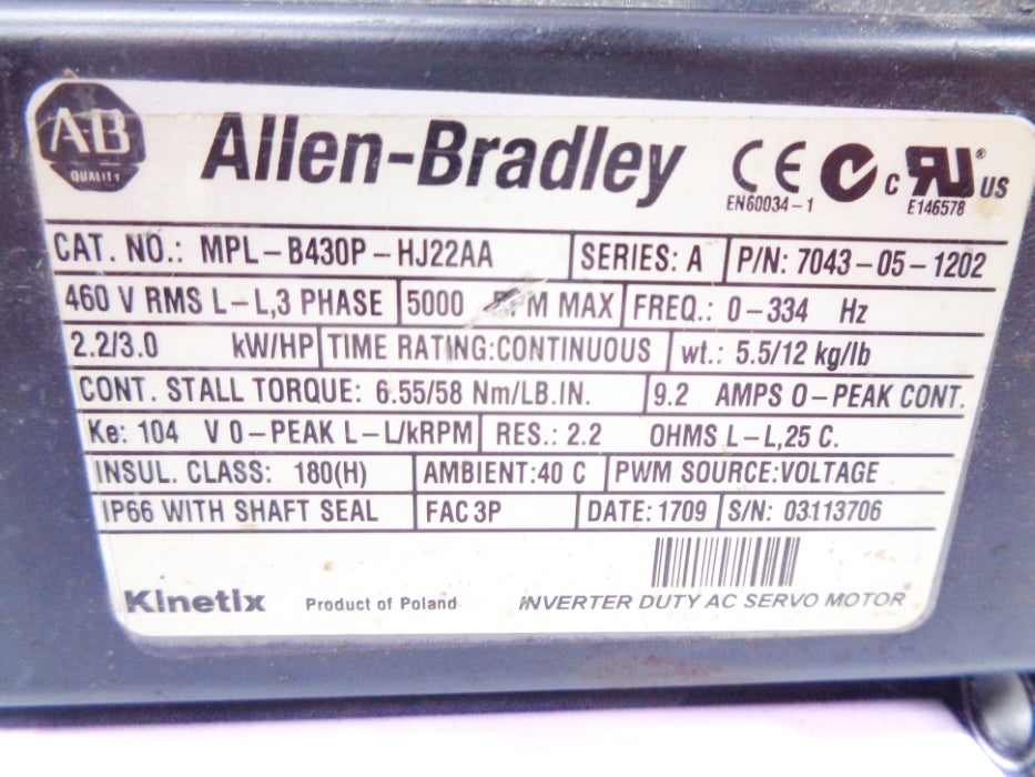 ALLEN BRADLEY MPL-B430P-HJ22AA SER. A UNMP