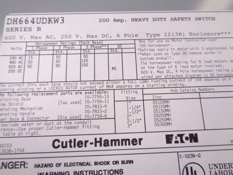 CUTLER HAMMER DH664UDKW3 SER. B NSNP