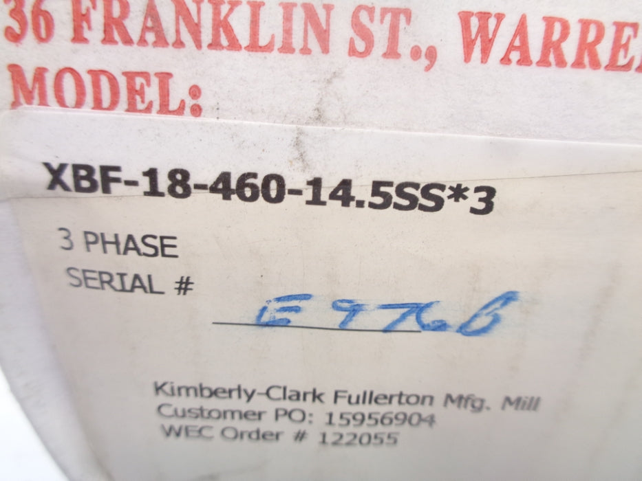 WARREN ELECTRIC XBF-18-460-14.5SS*3 NSMP