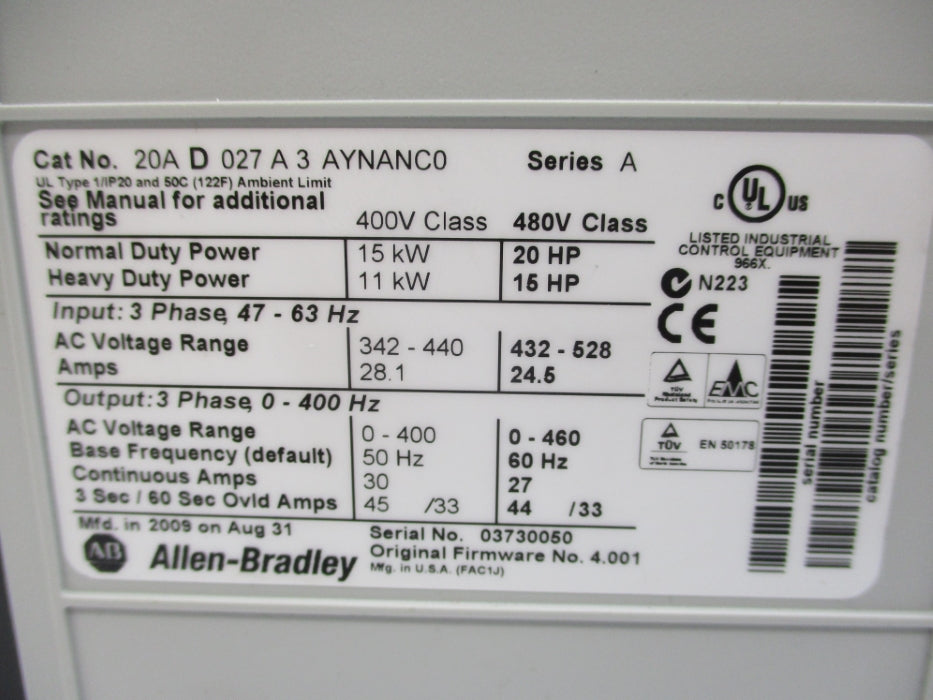 INDUSTRIAL SPARE PART 20AD027A3AYNANC0 SER. A F/W 4.001 UNMP