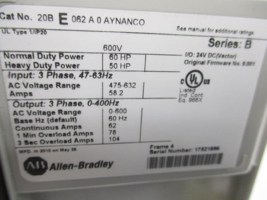 ALLEN BRADLEY 20BE062A0AYNANC0 SER. B F/W 9.001 UNMP