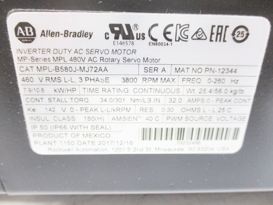 ALLEN BRADLEY MPL-B580J-MJ72AA SER. A NSMP